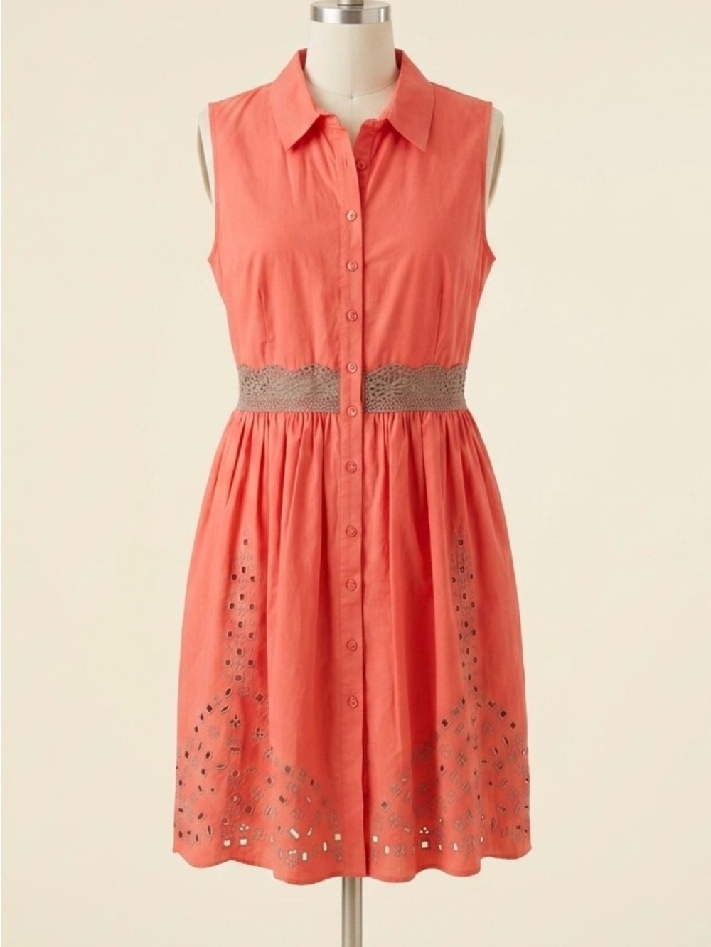 Alex Marie Coral Sleeveless Button-Front Dress with Crochet Waist